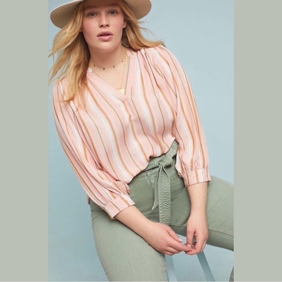 Anthropologie Maeve Byron Striped Balloon Sleeve Blouse X-Small, light pink - Picture 8 of 14